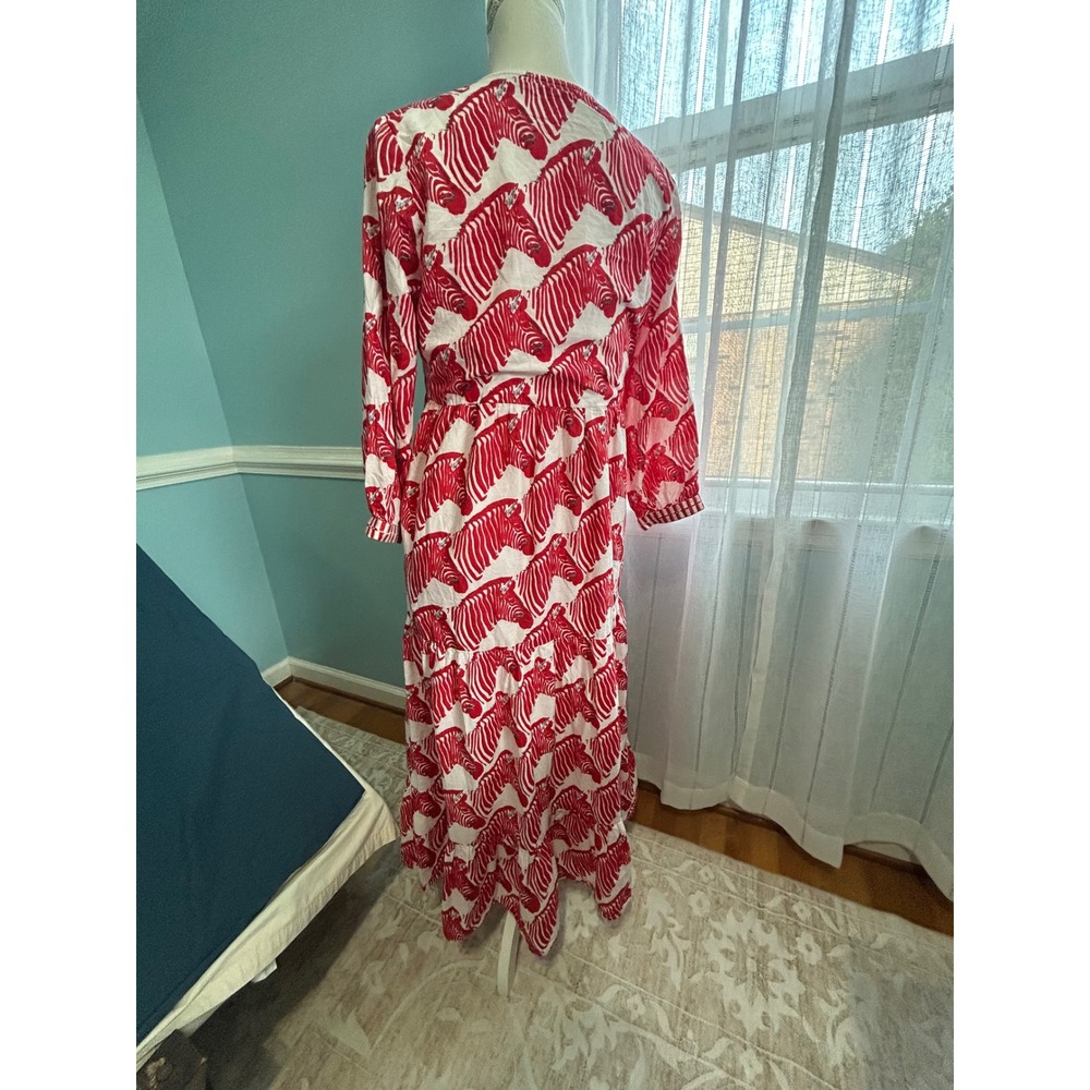 Liza Byrd Red White Zebra Print Cotton Maxi Dress Long Sleeve Tiered V-Neck M - Picture 9 of 9